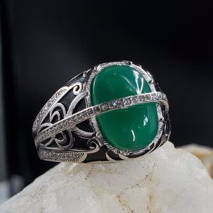 Men's Unique Jewelry Natural Green Chalcedony Sterling Silver 925 Ring